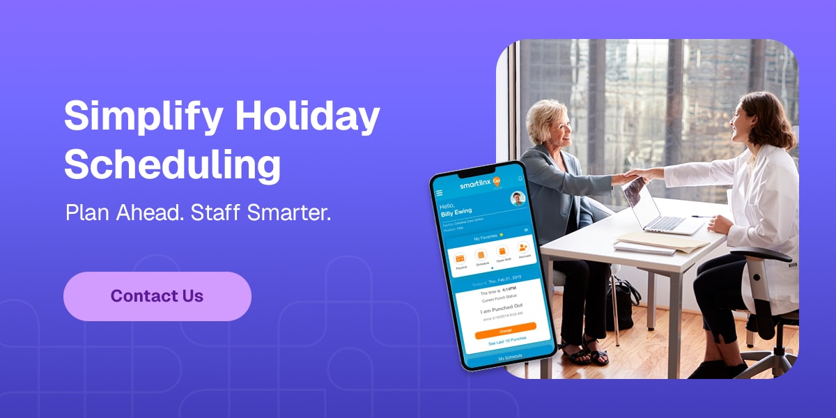 Two woman shaking hands, one in a healthcare lab coat, with messaging to simplify holiday scheduling with Smarlinx.