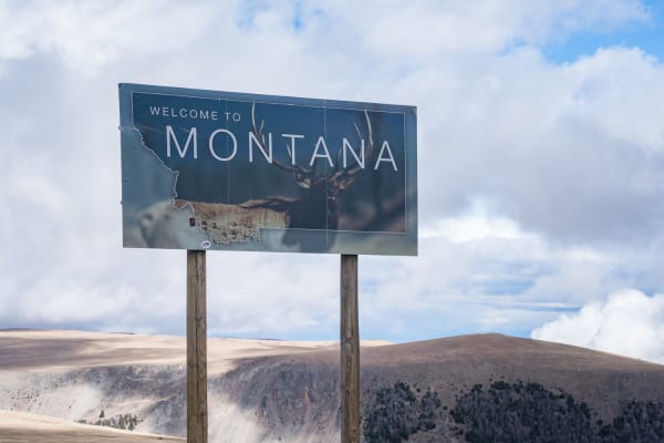 A welcome to Montana sign along the Beartooth Pass.