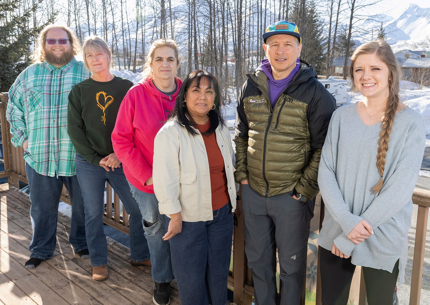 (L-R) Nicholas Schoob, Nanci Hill, Tina Russell, Rowena Palomar, Benjamin Rush and Sadie Vowell are part of the staff at Advocates for Victims of Violence in Valdez who help clients navigate the courts and access food and clothing.