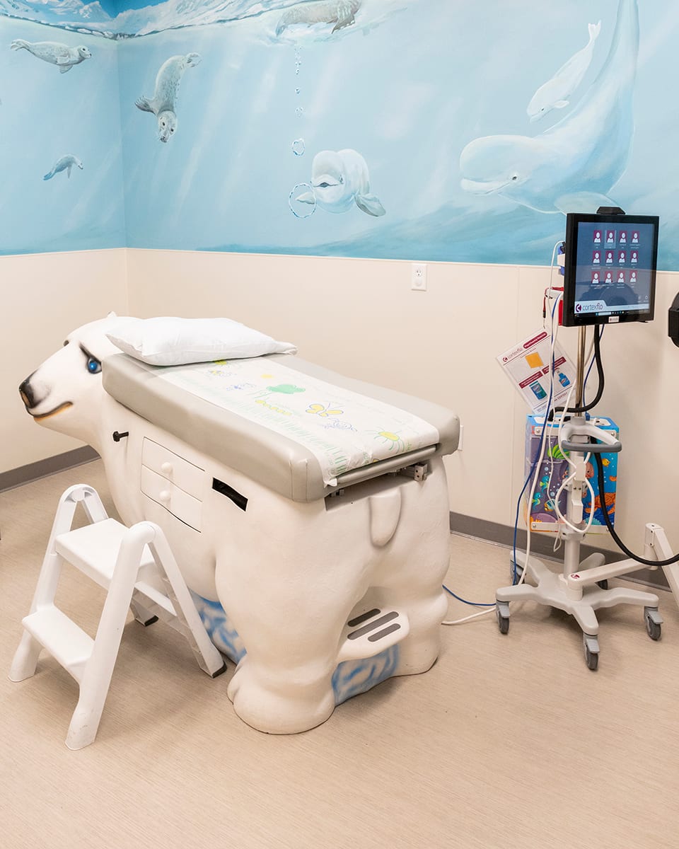 When an immediate forensic medical exam is necessary, the child is guided a short distance to the medical exam suite in one of the three examination rooms. When an immediate forensic medical exam is necessary, the child is guided a short distance to the medical exam suite in one of the three examination rooms.