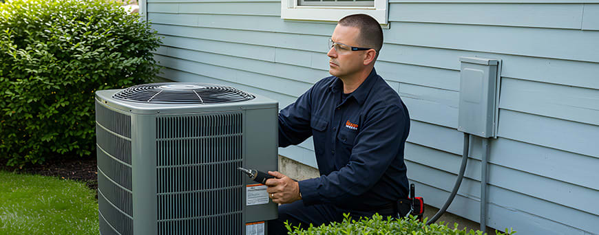 Man fixing an outdoors HVAC unit