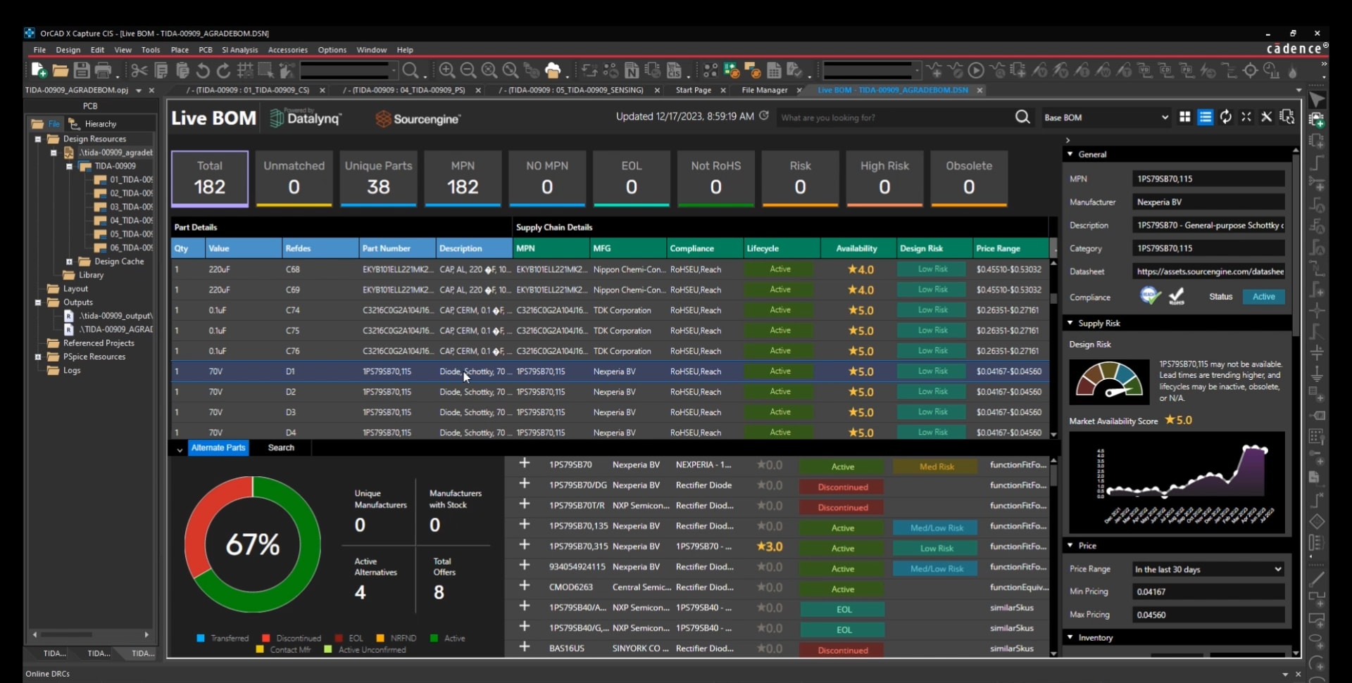 View of Live BOM Part Details list and Alternate Parts window.