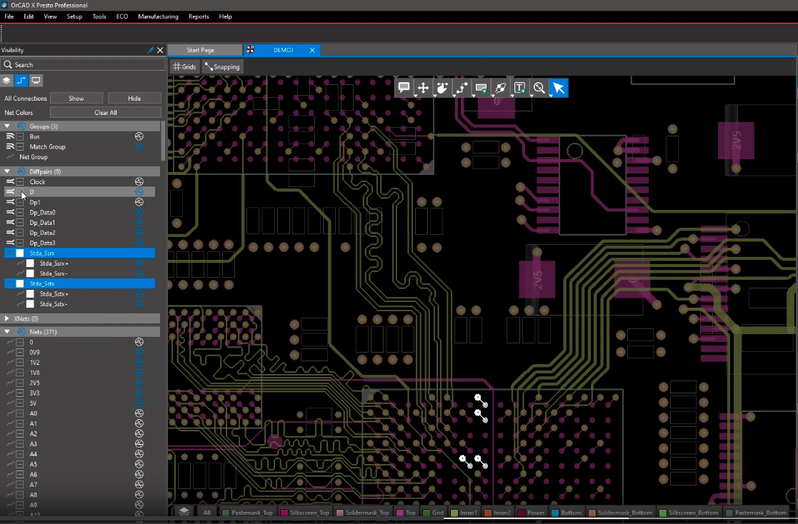  View of OrCAD X Presto PCB Editor during trace routing