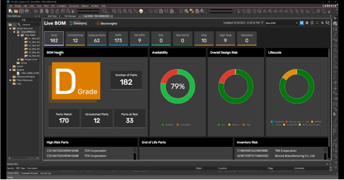 BOM Health Score showing parts matched and at-risk parts