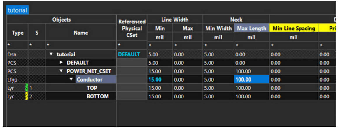 Changing the Neck Length in OrCAD X constraint manager