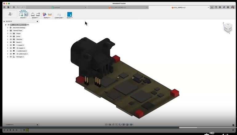 Screenshot of Autodesk Fusion with 3D PCB design created in Allegro X