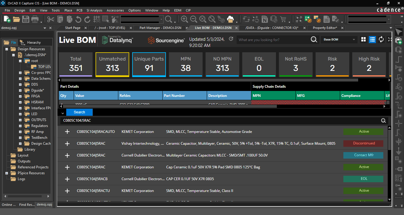 A view of Live BOM options for a component and alternatives