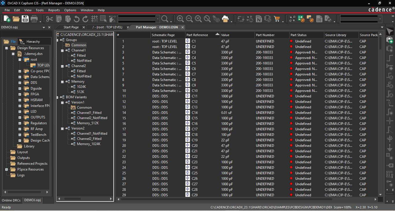 View of BOM variants in part manager