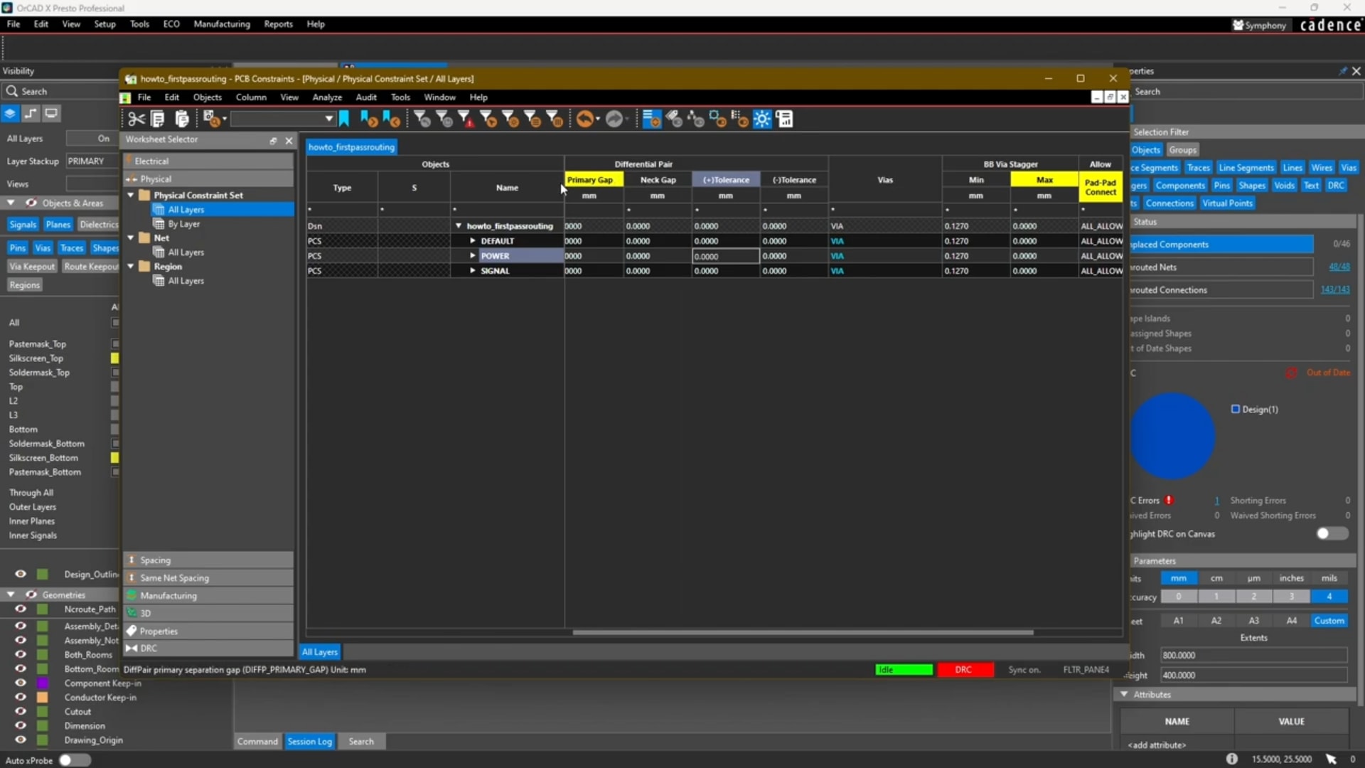 Setting physical constraints in the OrCAD X Constraint Manager