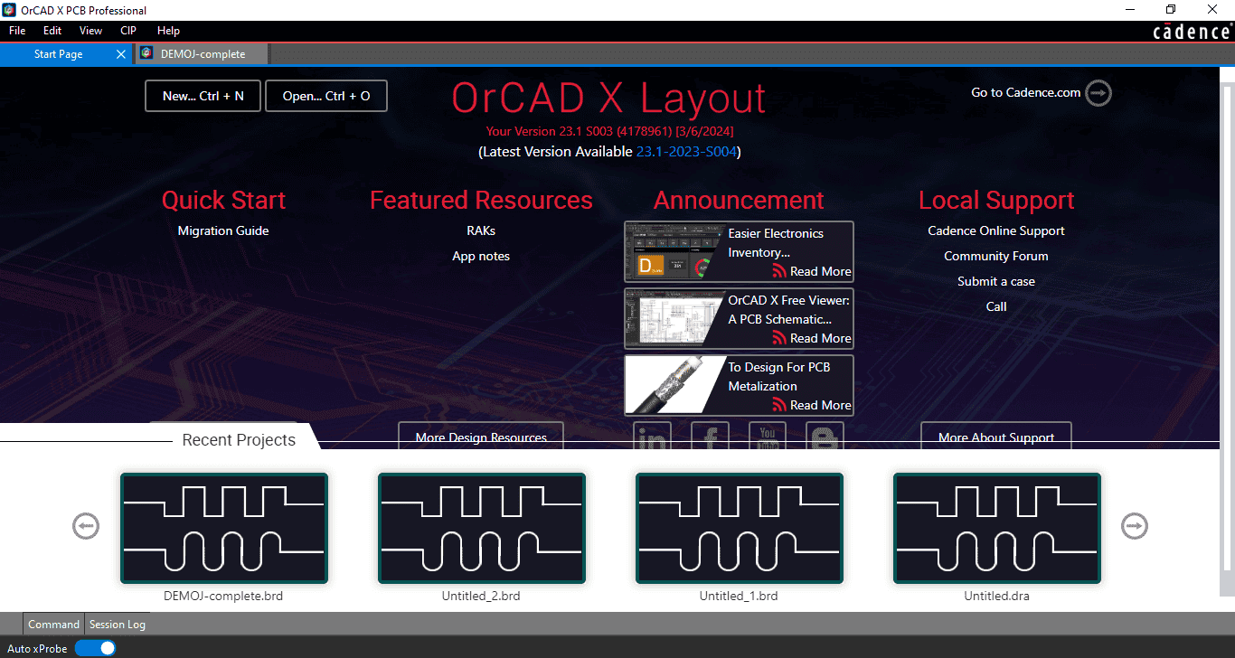 Launch panel for OrCAD X Presto PCB Editor.