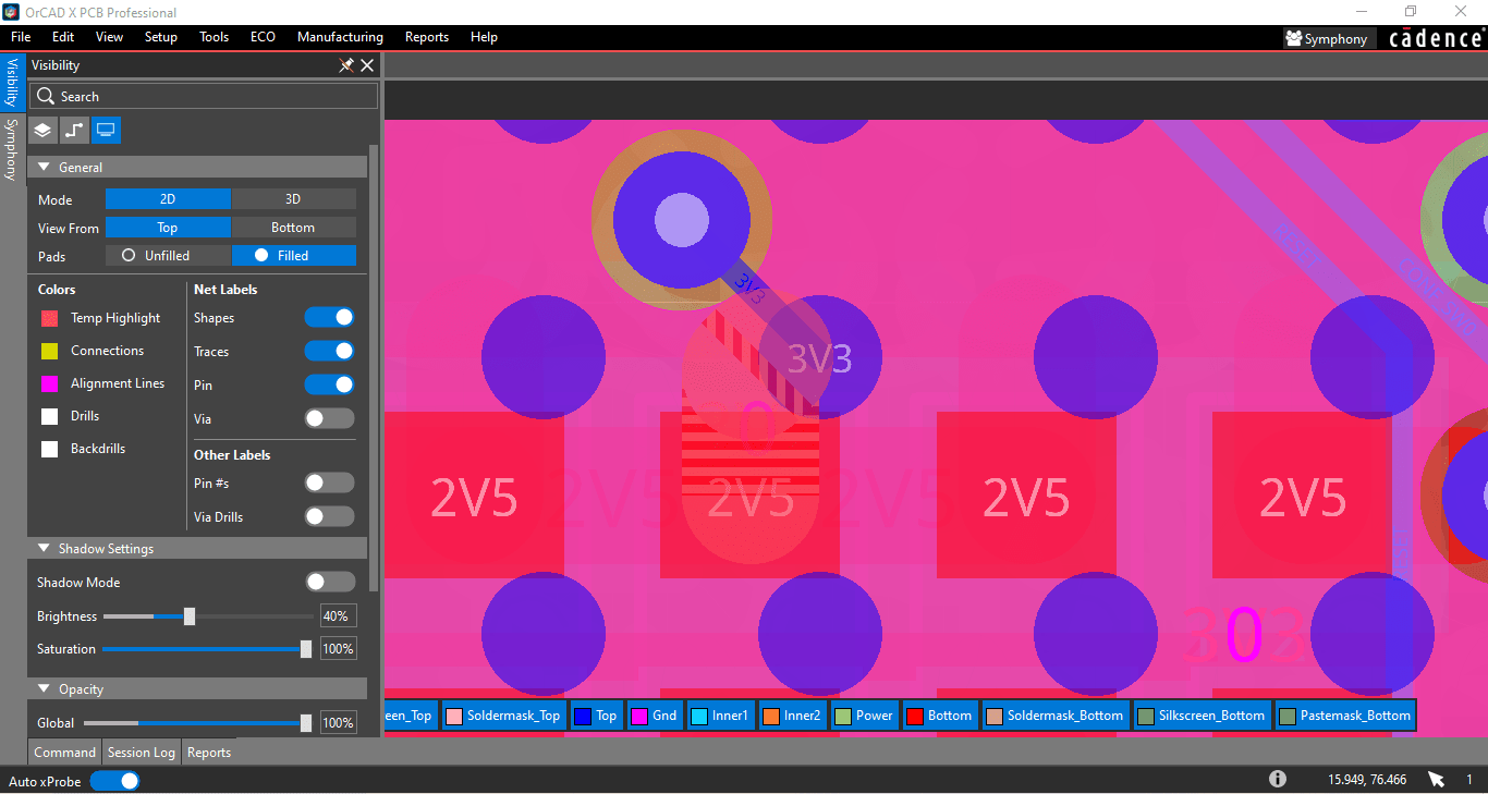 Popped Visibility panel in front of board design canvas