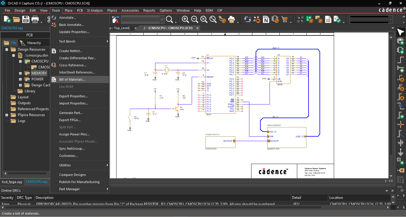 : View of Bill of Materials selection under Tool navbar dropdown.