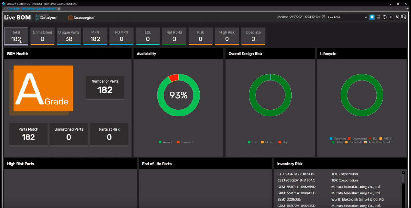 View of Live BOM dashboard showing a low-risk profile BOM.