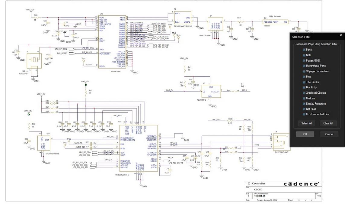 OrCAD X Capture CIS with consistent designator naming, grid-size, arranged for readability, and appropriate paper size. 