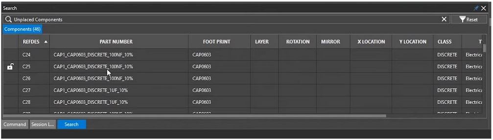 Unplaced components shown in the OrCAD X search panel