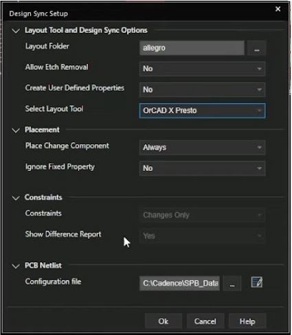 OrCAD X PCB Design Sync Setup Panel