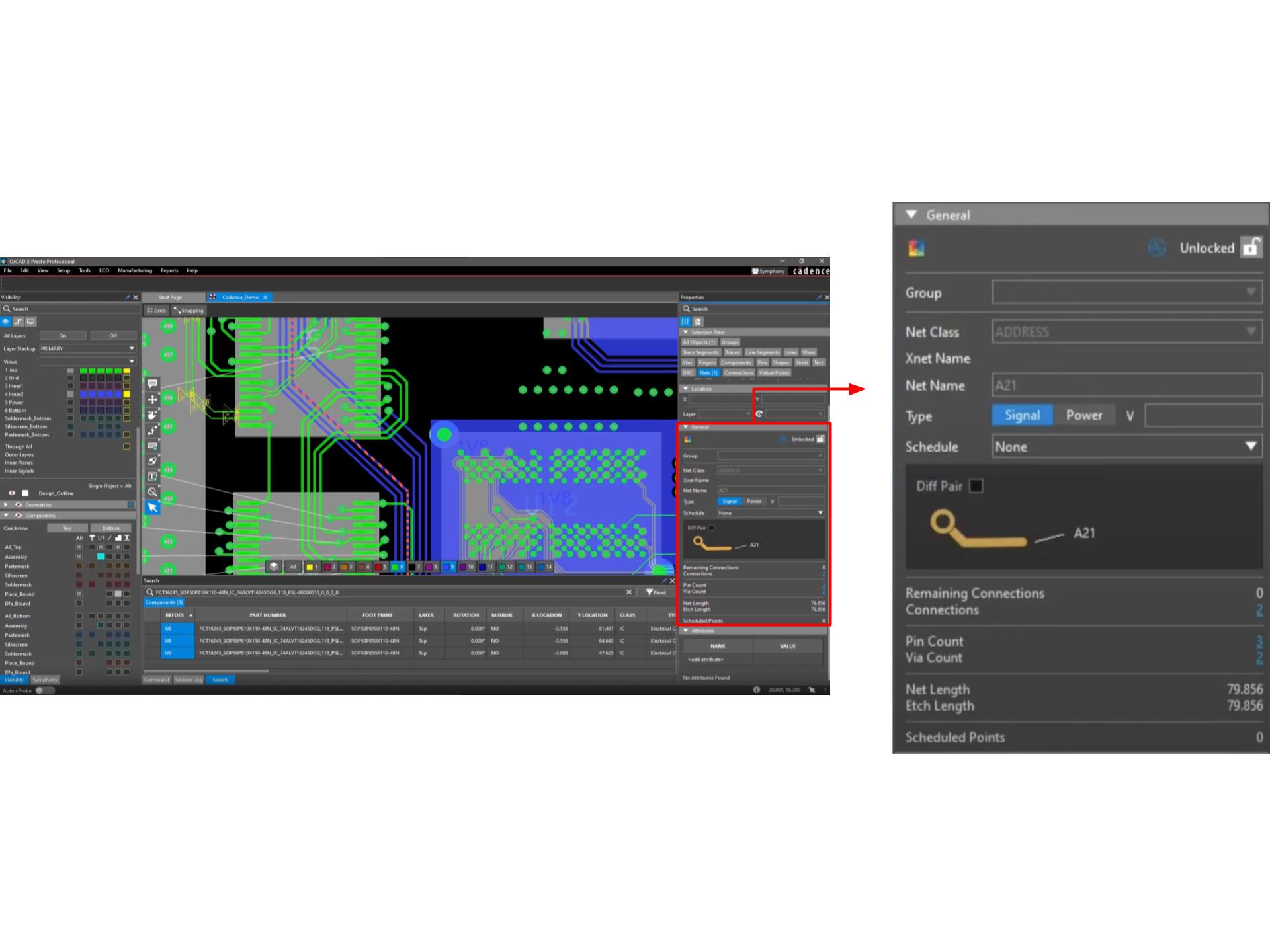 The selective filter can be used to visualize properties of objects within a schematic.