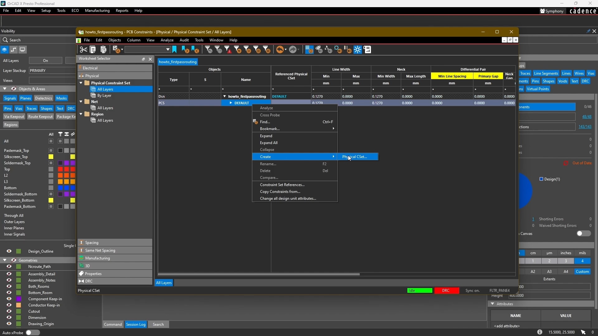 Creating a new physical constraint set in OrCAD X