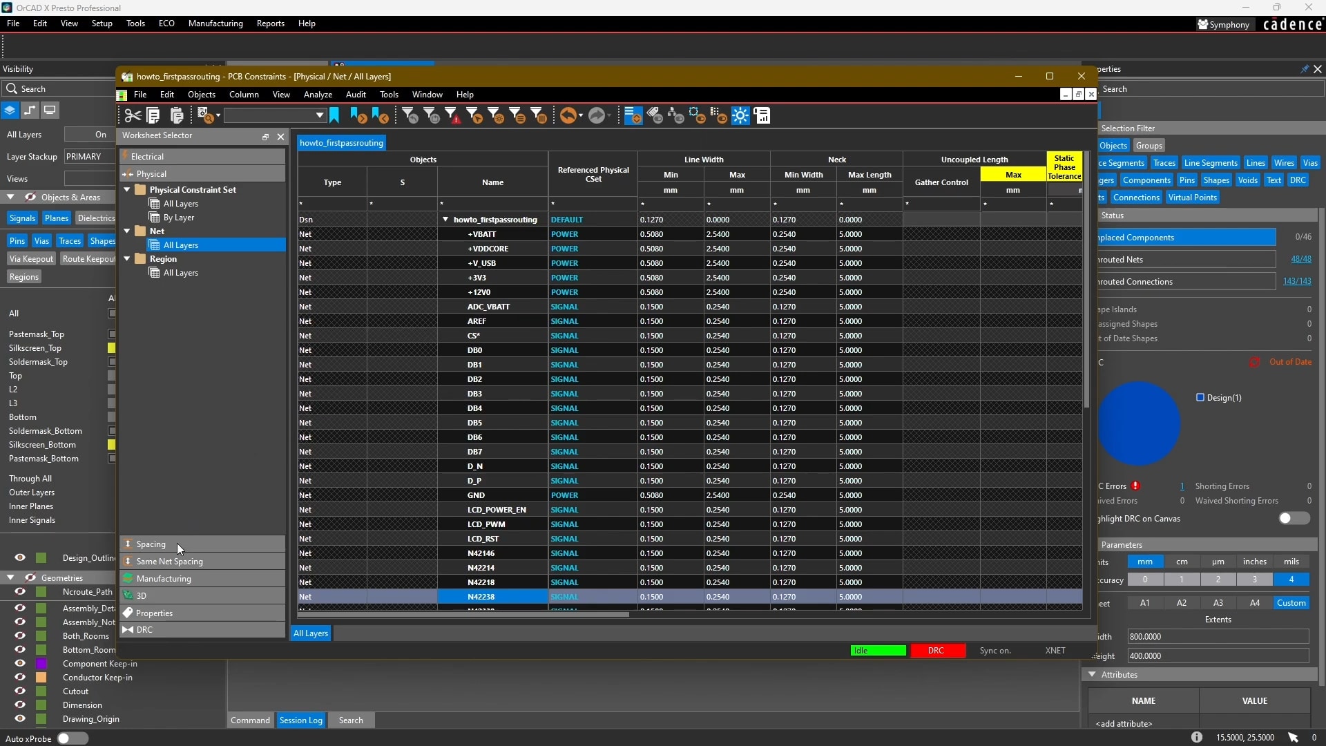 The OrCAD X Constraint Manager, shown with physical constraints set for all nets.