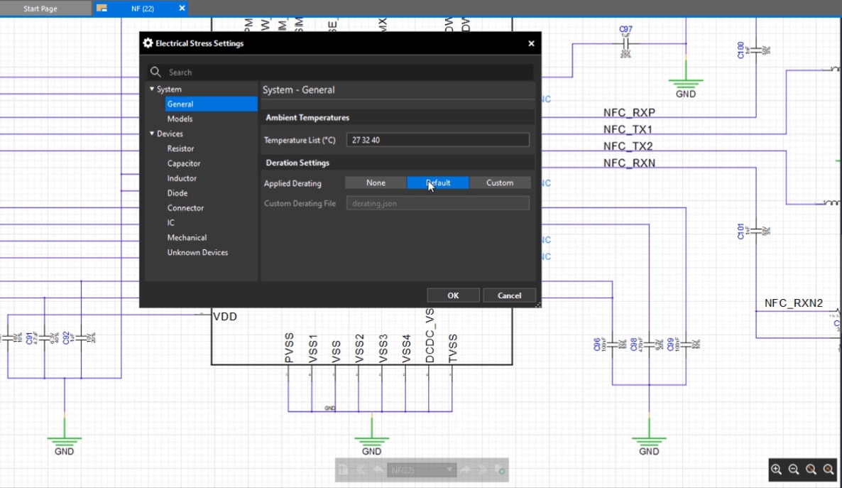 Electrical stress settings configuration panel in Allegro X System Capture