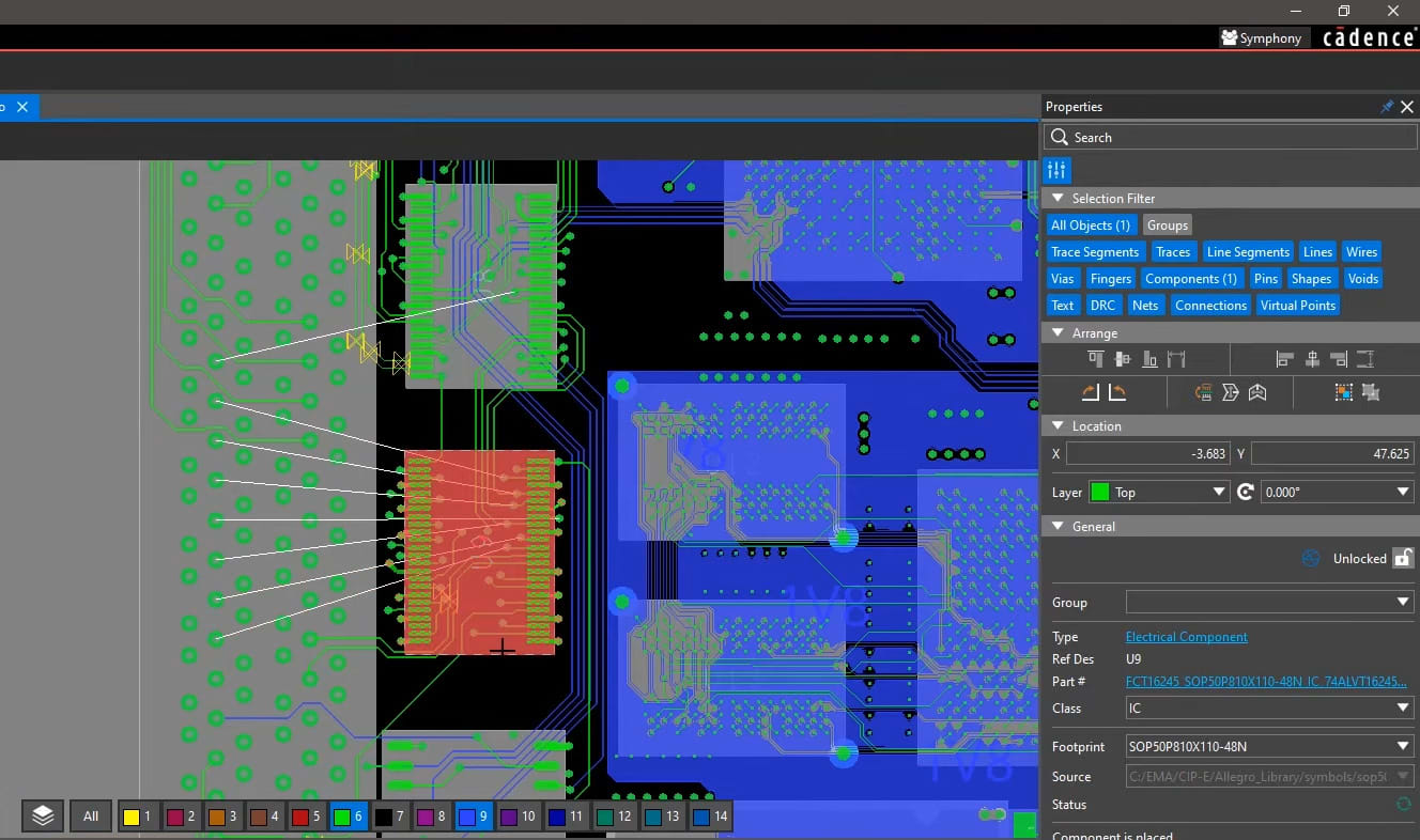 Properties panel with a component selected shows different properties