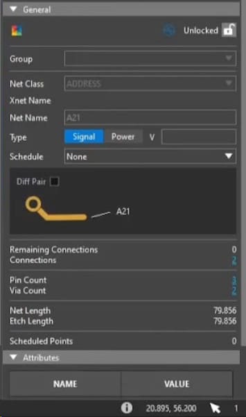 Selecting a net shows unique net properties such as total etch length, or number of vias on the net.