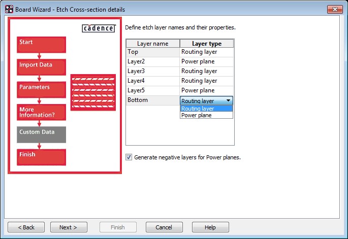 Cadence Board Wizard Etch Cross-section menu