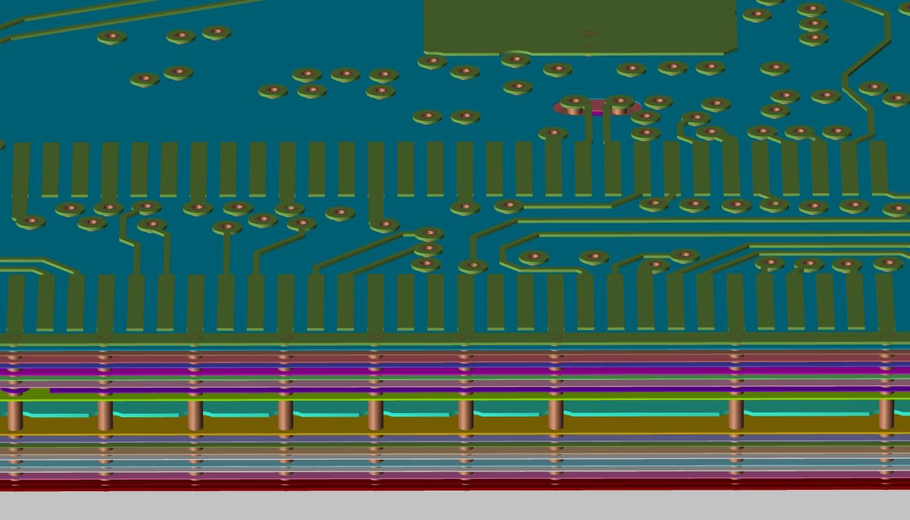 Profile view of 3D PCB layout rendering