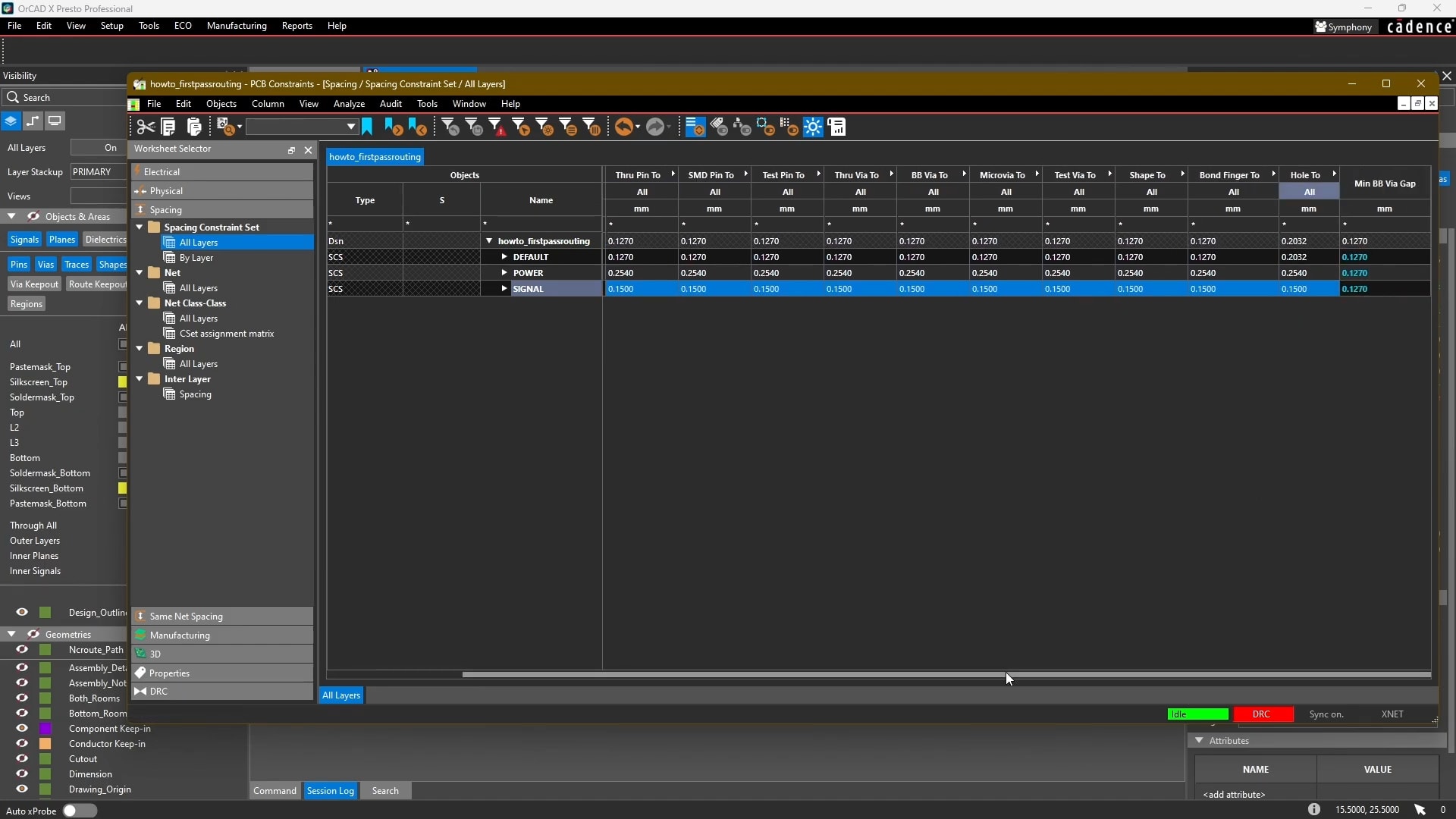 Setting “line-to-all” spacing as 0.15 mils by setting the first cell and then copy-pasting it into the remaining ones.