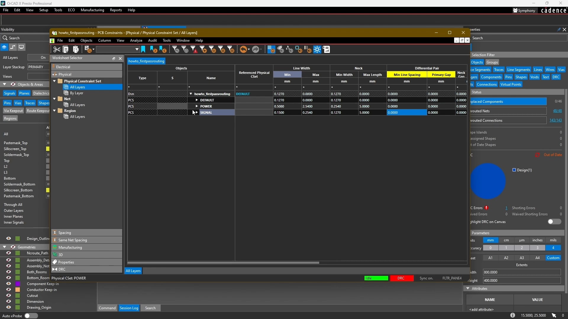 Two physical CSETS for power and signal. Yellow column headers mean the rule is off, and can be changed by right-clicking on it.