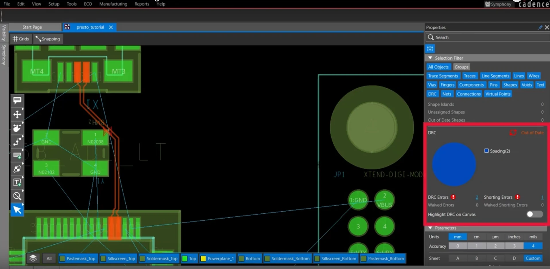 DRC status is reported in the pie chart within the OrCAD X Presto PCB Editor properties panel