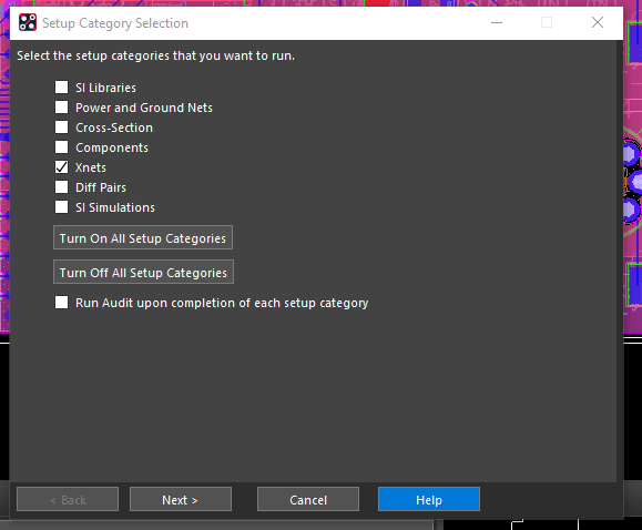 View of Xnet Setup Category selection window