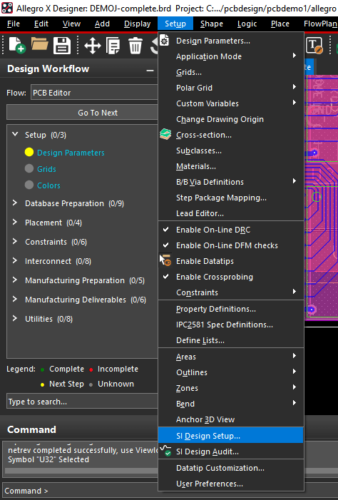 Setup navbar dropdown highlighting SI Design Setup