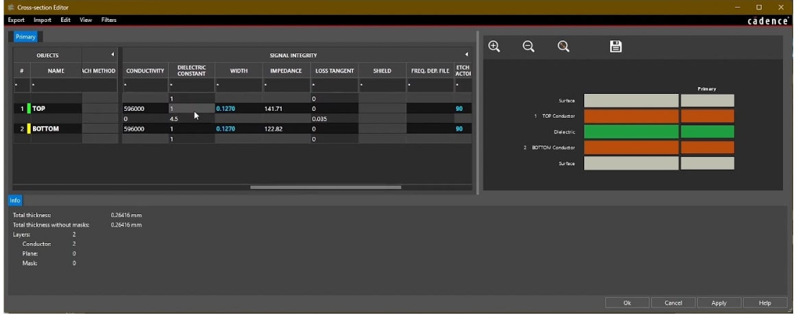 OrCAD X Cross Section Editor aids in creating stackups for high speed boards