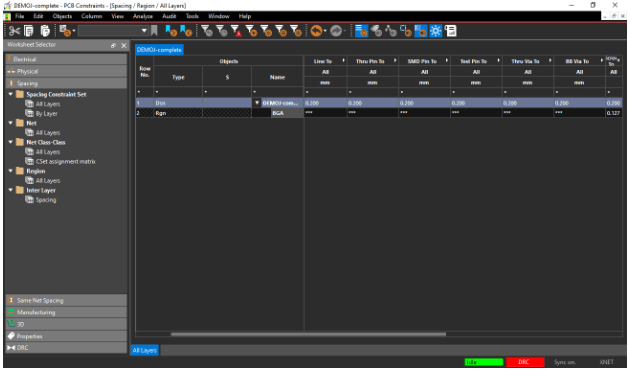 View of Constraint Manager showing the Spacing Worksheet.