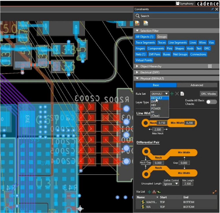 New in OrCAD X is the docked constraint panel.