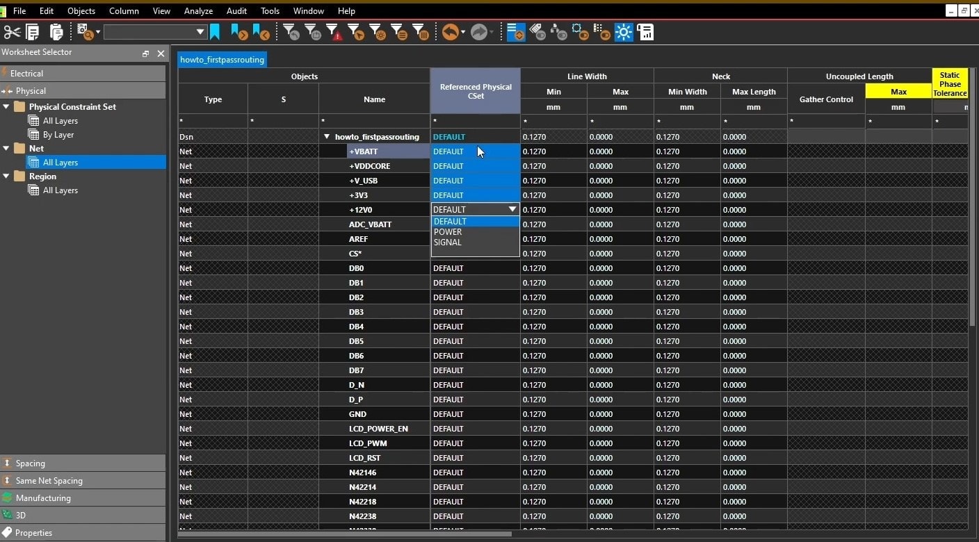 Assigning the spacing constraint sets in OrCAD X