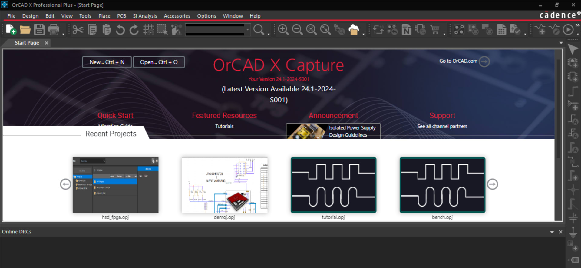View of OrCAD X Capture 24.1 launch window.