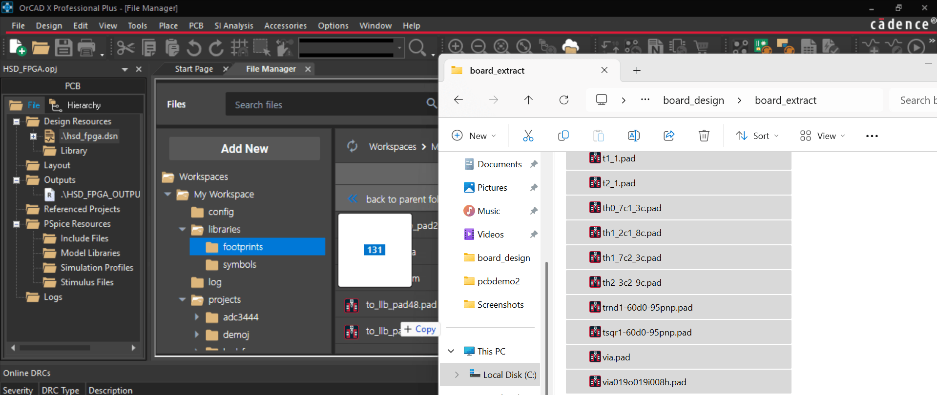 A view of files copied from File Explorer to OrCAD X Capture File Manager.