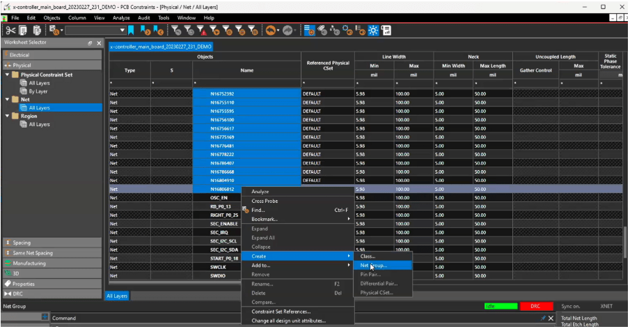 Creating net grouping in OrCAD X: select nets, right click > create > net group.