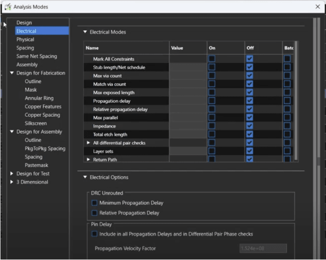 A portion of the OrCAD software showcasing possible analyses that can be automatically conducted
