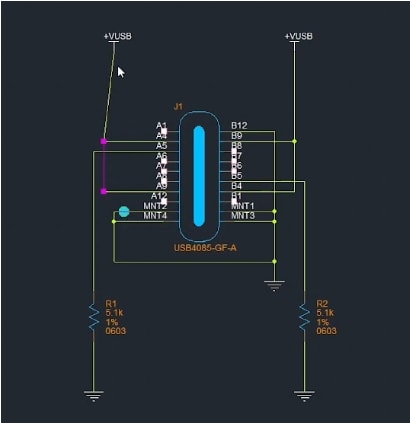 Screenshot of partially connected USB-C connector in OrCAD X Capture.