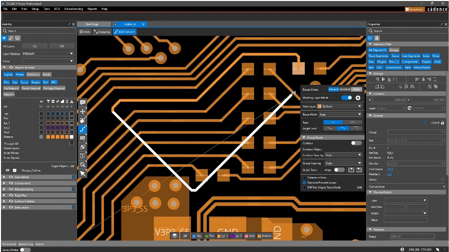 OrCAD X routing capabilities with options window.