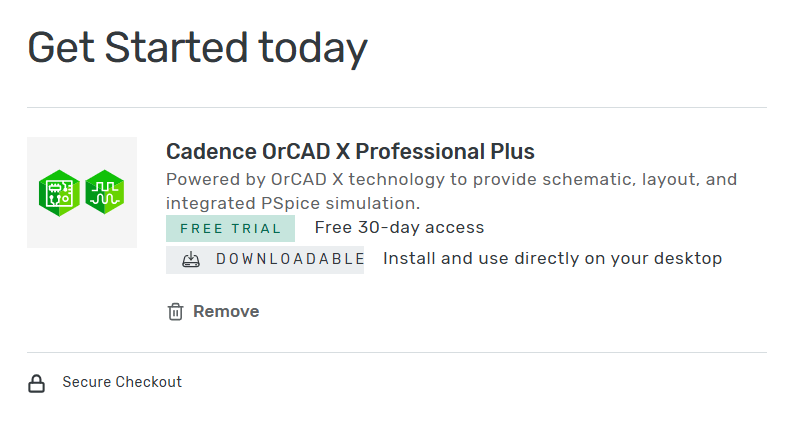 Cadence online shop screenshot with the trial for OrCAD capture in the cart.