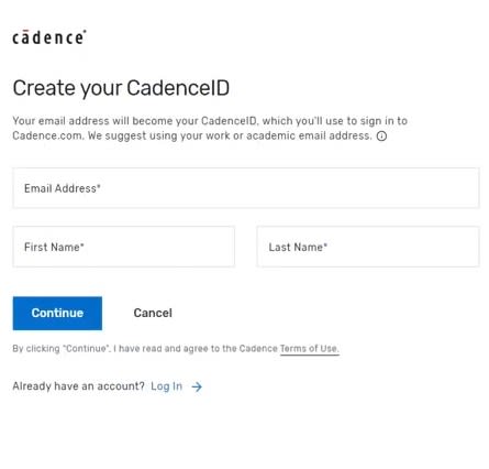 Window for creating a CadenceID needed for log-in.