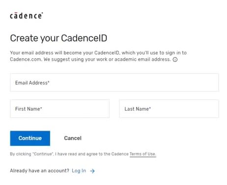 Window for creating a CadenceID needed for log-in.