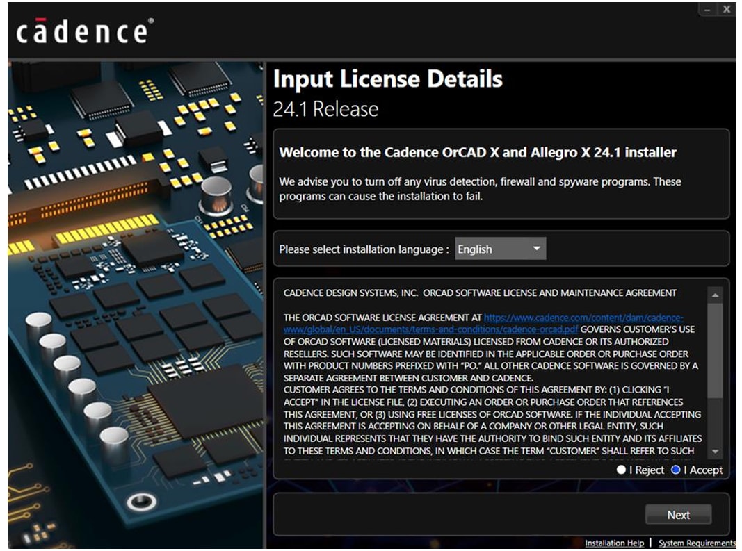 License agreement window.