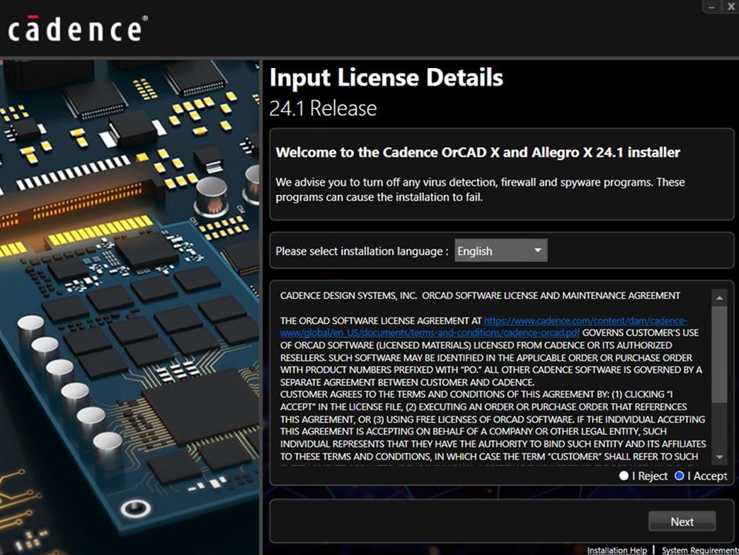License agreement window.