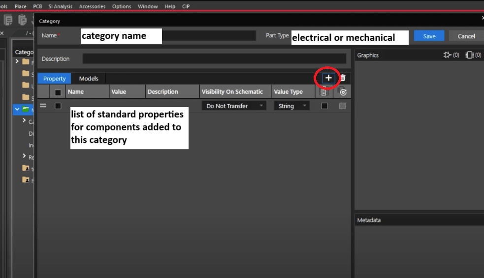 Window for new category creation in OrCAD X