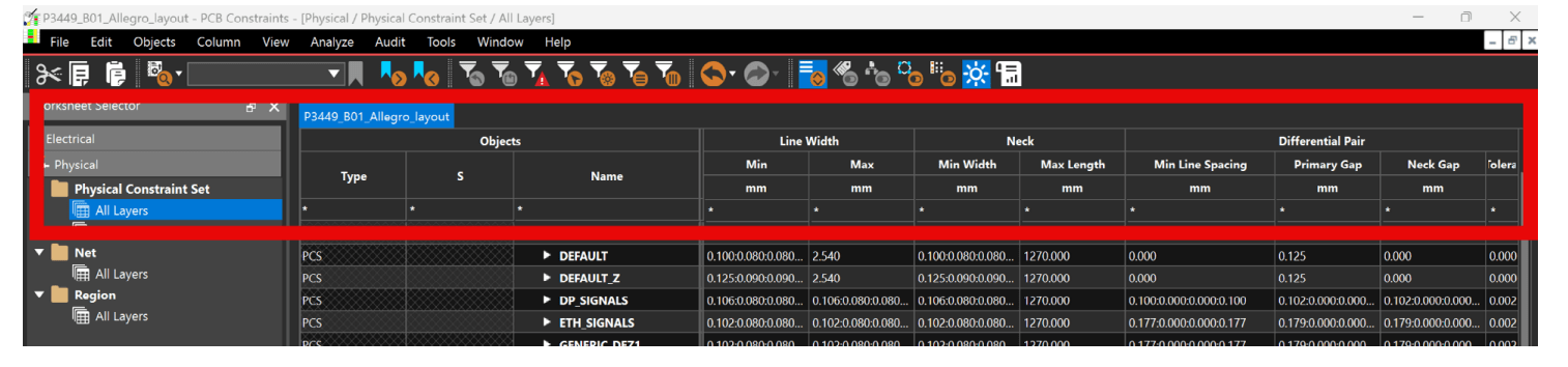 Physical Constraint Set options including line width, neck, and differential pair options.